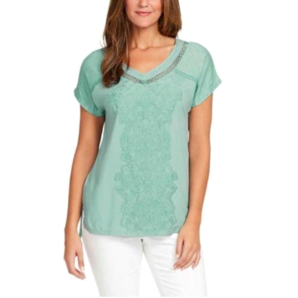 Gloria Vanderbilt Women's Missy Green Short Sleeves V Neck Top Side Slits XL